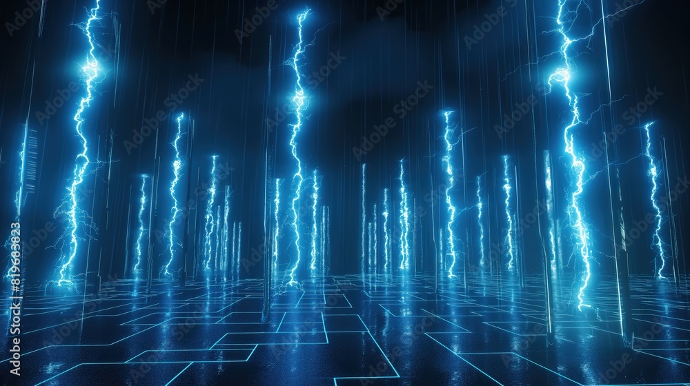 Poster a 3d-rendered image showing a series of vertical blue lightning bolts that form a tight grid, resemb
