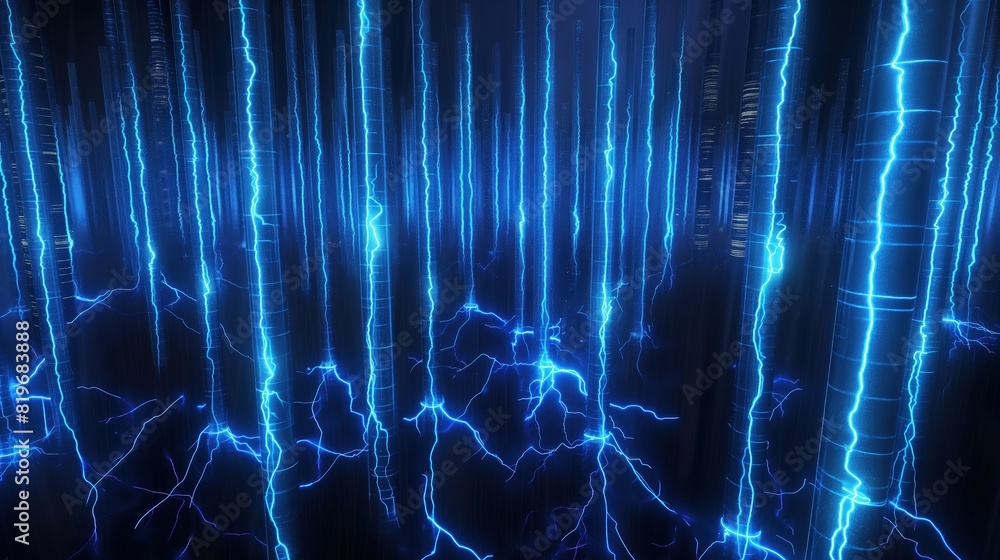Poster a 3d-rendered image showing a series of vertical blue lightning bolts that form a tight grid, resemb