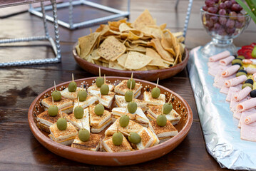 Appetizers plates for a party. Snacks table.