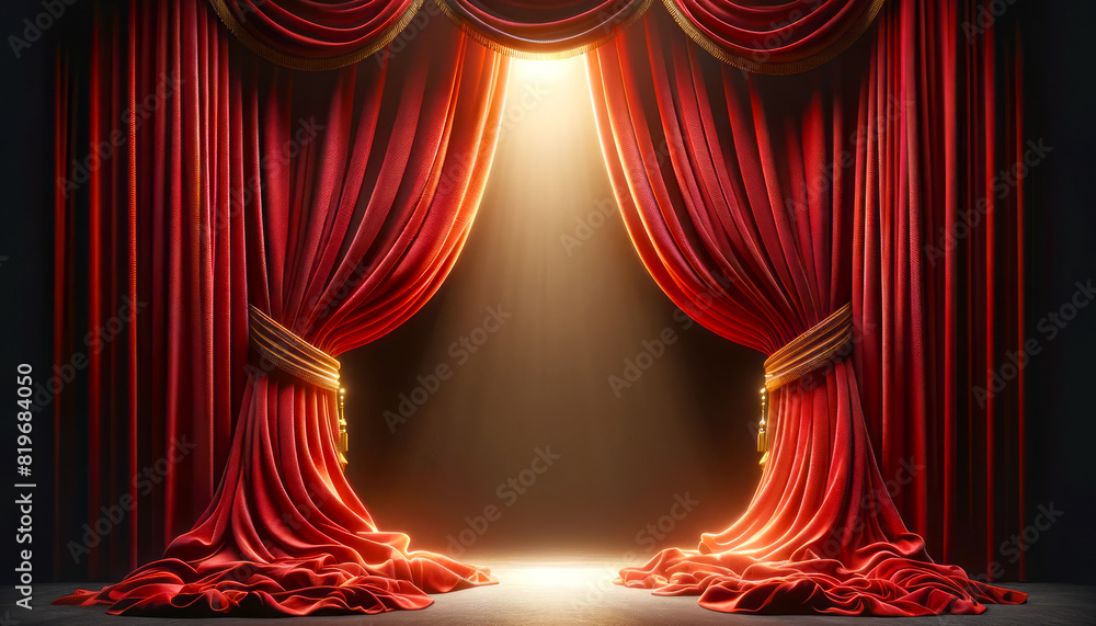 Poster an opened red velvet curtain on a stage with a spotlight, showcasing an empty space with a dramatic 