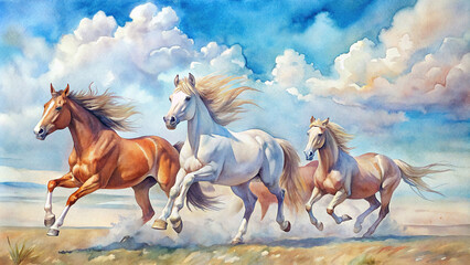 A group of wild horses galloping across an open field, their mane flowing in the wind as they run freely beneath the vast expanse of a blue sky dotted with fluffy white clouds