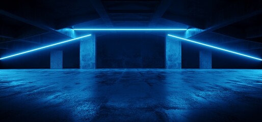 Industrial Futuristic Blue Lasers Cement Grunge Concrete Glossy Dark Underground Parking Garage Hangar Warehouse Showroom Studio Spaceship Realistic 3D Rendering