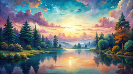 Panoramic view of a tranquil lake surrounded by lush greenery and towering trees, reflecting the vibrant colors of sunset 