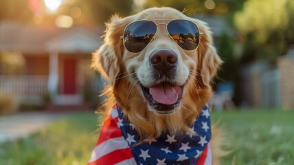 Golden Retriever Wearing an American Flag Bandana and Sunglasses for a Festive July Fourth Celebration 