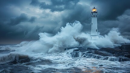 A majestic lighthouse standing tall on a rocky coastline, surrounded by powerful, crashing ocean waves under a stormy sky