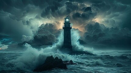 A majestic lighthouse standing tall on a rocky coastline, surrounded by powerful, crashing ocean waves under a stormy sky - Powered by Adobe
