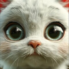 3D funny, cunning cartoon face of a white kitten close-up. Print for T-shirts. Funny character for comics, children's literature, cartoon. Design for printing on fabric, paper. Decor for a children's 