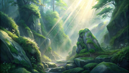 Sunlight filters through the dense foliage, casting ethereal patterns on the moss-covered rocks below