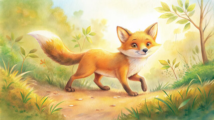 A charming illustration of a playful fox frolicking in a sunlit clearing, its bushy tail held high as it explores its surroundings with curious eyes