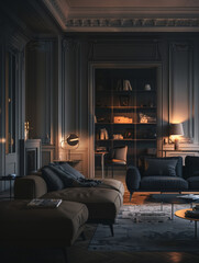 Beautiful room with furniture in low light and window