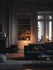 Beautiful room with furniture in low light and window