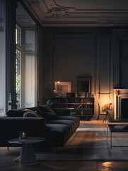 Beautiful room with furniture in low light and window