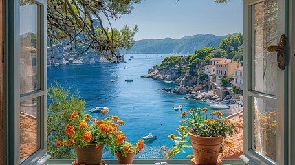 Mediterranean scene framed by an open window: a tranquil harbor, colorful fishing boats, and sun-drenched cliffs