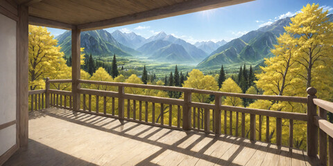 Yellowish green trees, wooden balcony, view, sunlight, mountains, green