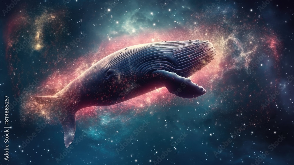 Poster surreal art design of a whale floating in space with a cosmic background and starry sky. digital art