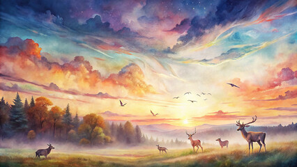 Full-wall mural of a breathtaking sunset over a vast meadow, with silhouettes of grazing deer and birds flying against a colorful sky 