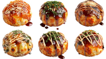 Baked Takoyaki collection in 3d, two rows for product presentation transparent background