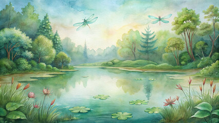 Fototapeta na wymiar A tranquil scene of a peaceful pond surrounded by lush greenery, with dragonflies darting above the water's surface
