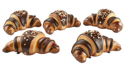 chocolate almond croissant in 3d in two rows, has a different design transparent background