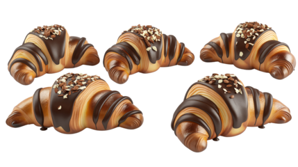 chocolate almond croissant in 3d in two rows, has a different design transparent background