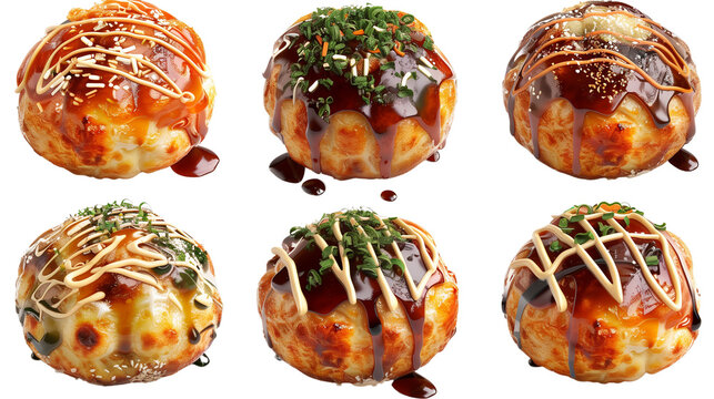 Baked Takoyaki collection in 3d, two rows for product presentation transparent background
