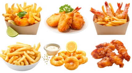 different Fish and chips collection set in 3d, two rows for product presentation transparent background