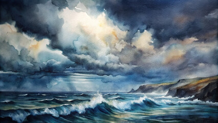 Abstract watercolor artwork of a stormy sky over a vast ocean, with dark clouds swirling and waves crashing against rocky cliffs 