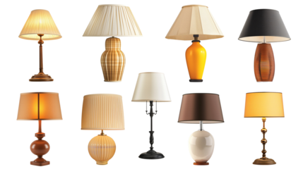 different types of lamps arranged in two rows transparent background