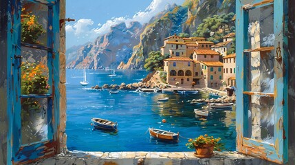 Mediterranean scene framed by an open window: a tranquil harbor, colorful fishing boats, and sun-drenched cliffs