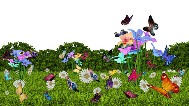 PNG. Illustrazione 3D. Primavera, estate. Fiori e farfalle su prato verde . Campo di erba con fiori colorati e farfalle, sullo sfondo trasparente.