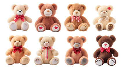 8 Teddy bear doll gifts collection in Valentine concept in two rows transparent background
