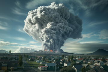 landscape in iceland, volcano erupting, huge smoke and ash clouds rising above small town, smoke cloud, photorealistic // ai-generated 