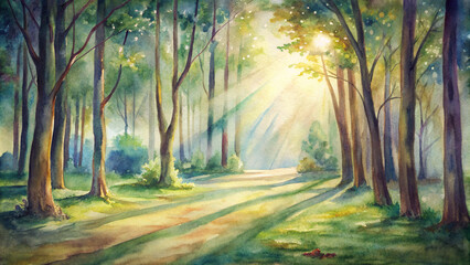 Watercolor painting of a tranquil forest glade with sunlight streaming through the trees, casting dappled shadows on the forest floor 
