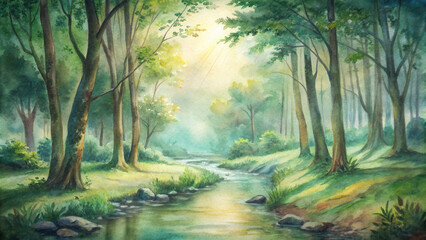 Watercolor painting of a peaceful forest glade bathed in dappled sunlight, with a gentle stream flowing through the verdant foliage 