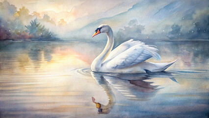 Delicate watercolor painting depicting a serene scene of a swan gliding gracefully across a glassy lake, its reflection shimmering in the calm waters below