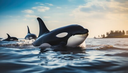 Fototapeta premium Groups of Orcas or killer whales swim and hunt for prey, the top of the food chain in a sea of ​​ice floes
