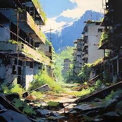 Acrylic painting of abandoned city in mountains, generative AI