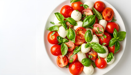 Plate of tasty salad Caprese with tomatoes, mozzarella balls and basil isolated on white, top view