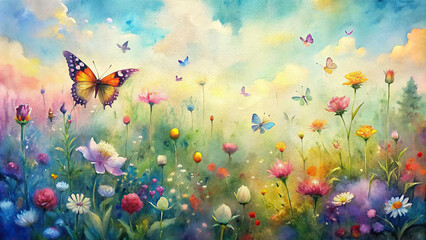 A vibrant watercolor painting of a bustling meadow filled with colorful butterflies, bees, and blooming flowers under a sunny sky