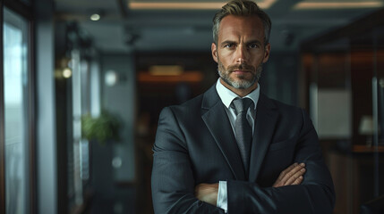 A businessman in a tailored suit standing in a corner office, arms crossed, with a serious expression.