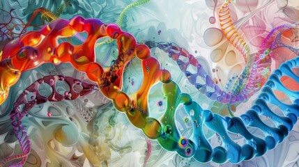 Create an abstract painting of a DNA double helix with vibrant colors.