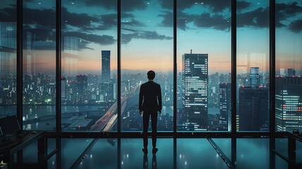 A businessman standing at a sleek, minimalist desk in an office, looking out the window at the city...