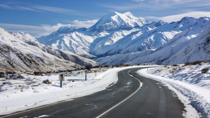 High-altitude road offers stunning views through snowy mountains for a perfect winter trip.