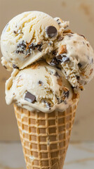 Three scoops of ice cream in a waffle cone