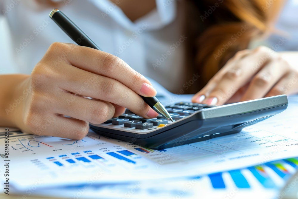 Poster female accountant using calculator and pen for business data and accounting document calculation