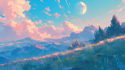 View of high mountains and fantasy moon