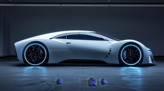 A minimalist concept car with sleek white lines, accented by subtle blue neon lighting that highlights its design