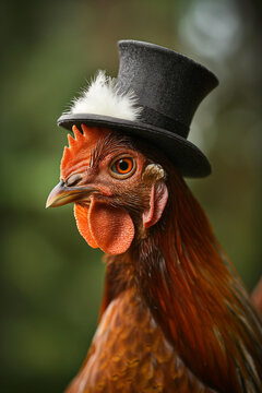 Portrait of a rooster wearing a top hat
