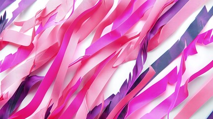 Fototapeta premium A composition of brightly colored paper strips, including shades of pink and purple, all with dramatically torn edges, isolated on white. 32k, full ultra HD, high resolution
