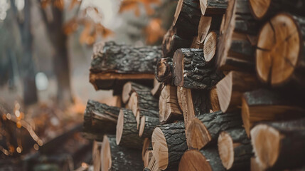 A stack of firewood logs, neatly arranged with rugged textures and warm earthy tones, ready for cozy winter nights. - Powered by Adobe